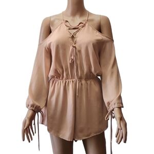 REVERSE Cold Shoulder Spaghetti Strap Romper Long Sleeve Playsuit Peach Size‎ M